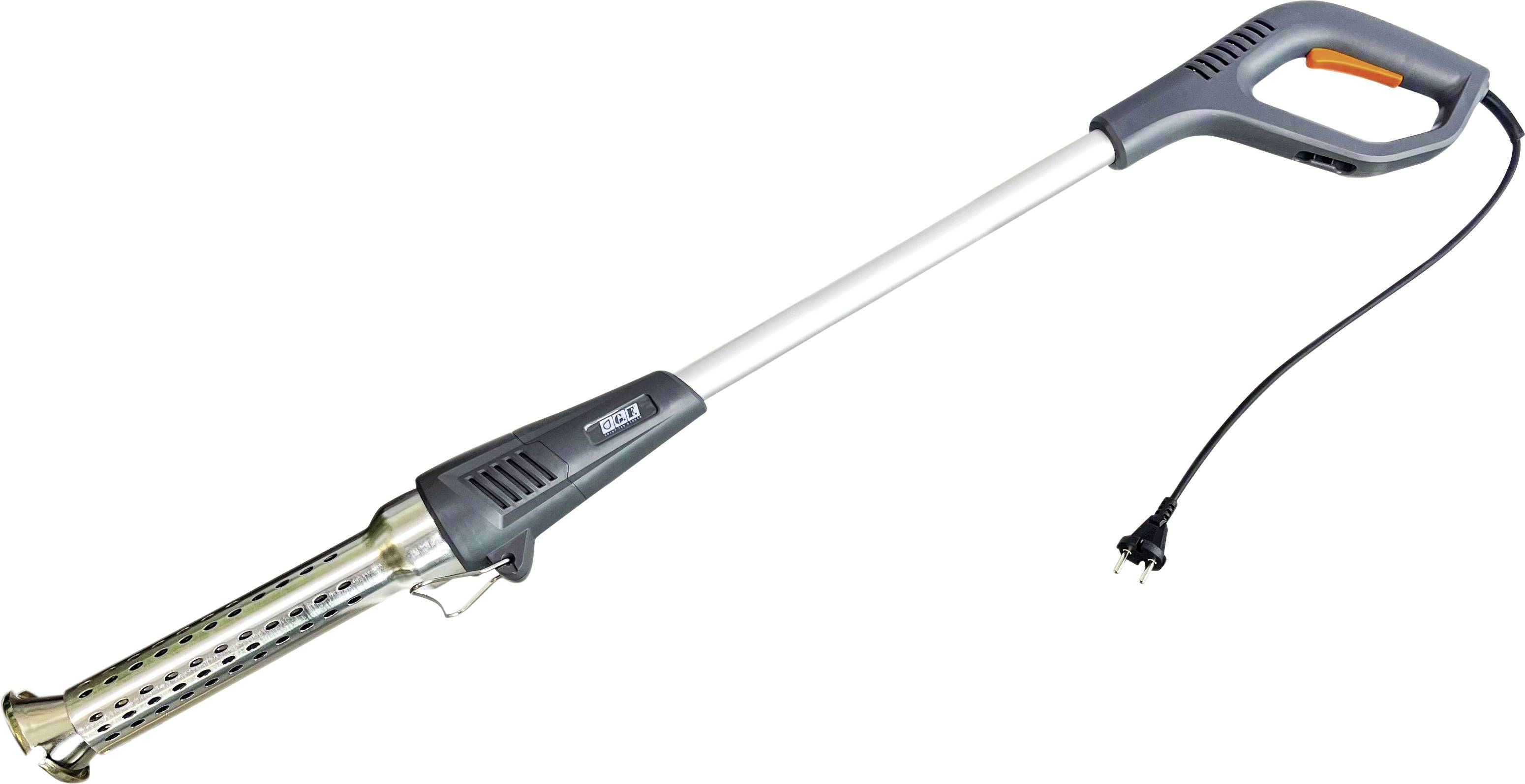 Langer elektrischer Unkrautvernichter mit Griff und Steckerkabel, geeignet zur Unkrautbeseitigung auf Gehwegen und in Gärten.