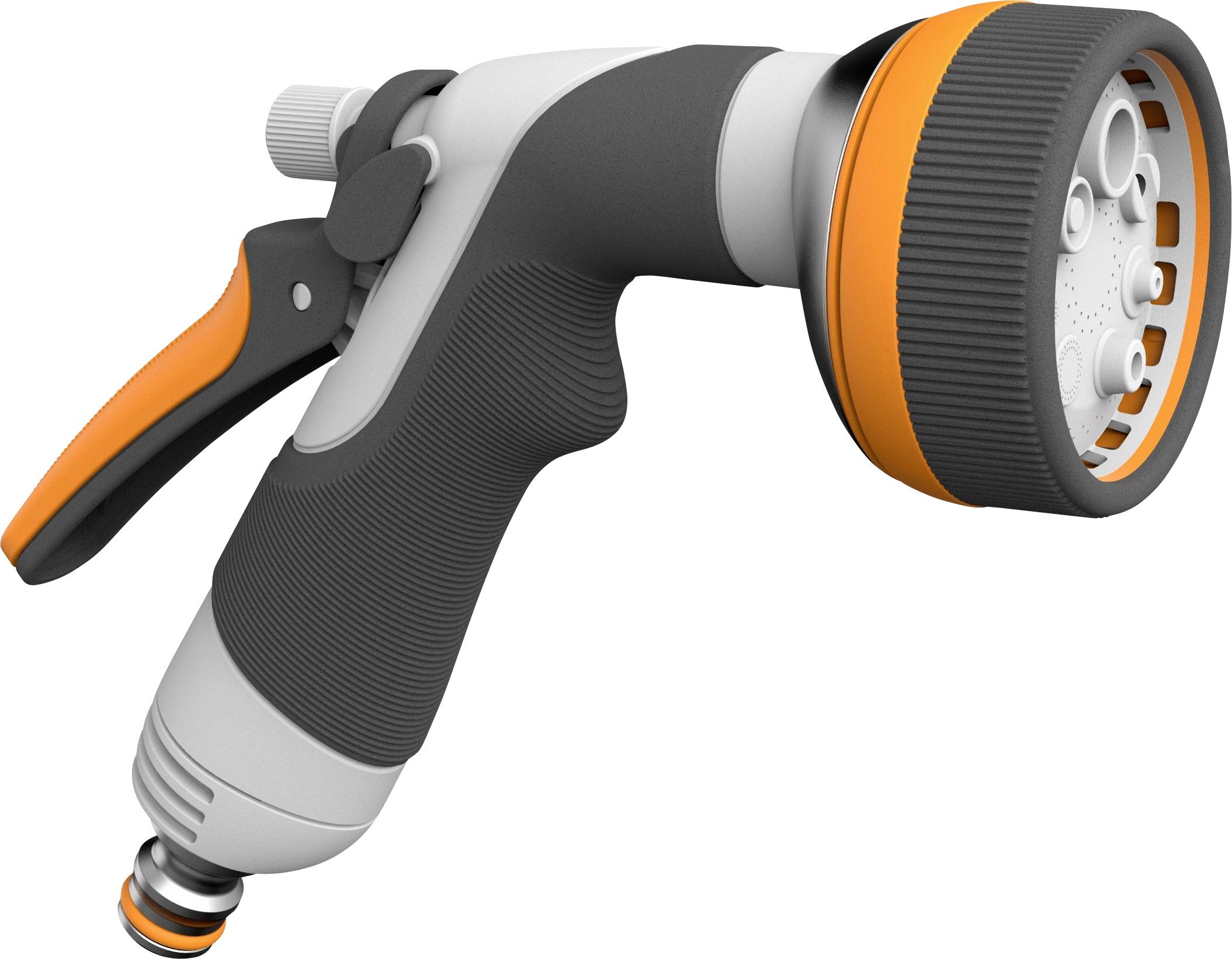 Handbrause für Gartenschlauch, schwarz-orange, mit verstellbarem Sprühkopf und ergonomischem Griff. Ideal zur Gartenbewässerung.