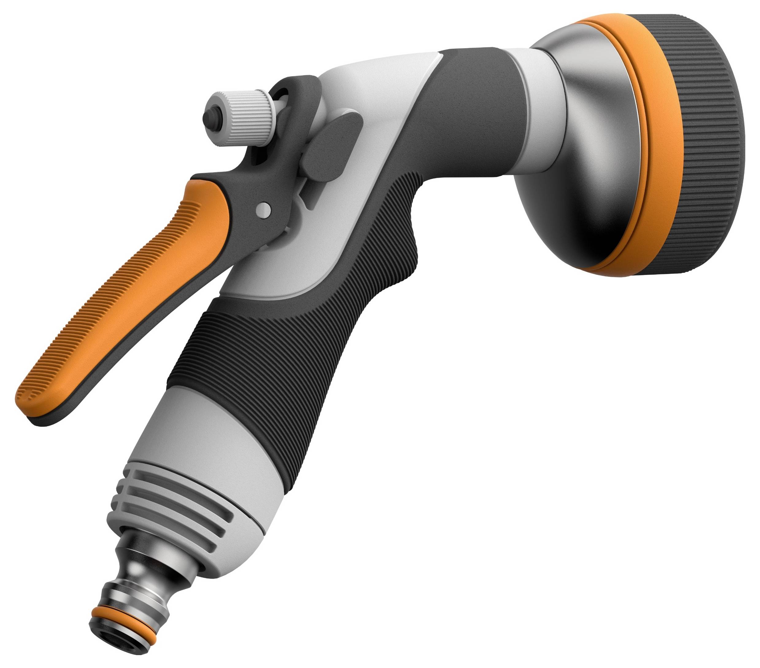 Eine graue und orangefarbene Gartenspritzdüse mit ergonomischem Griff und einstellbarem Sprühkopf.