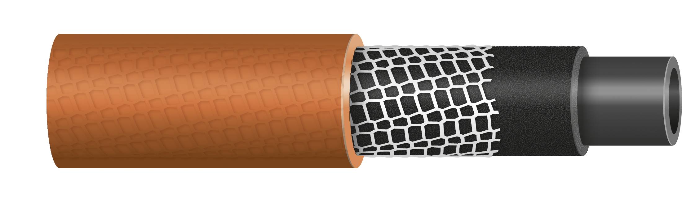 Querschnitt eines isolierten Kabels: Außenhülle orange, darunter Drahtgeflecht, innere schwarze Schicht, zentraler Leiter.