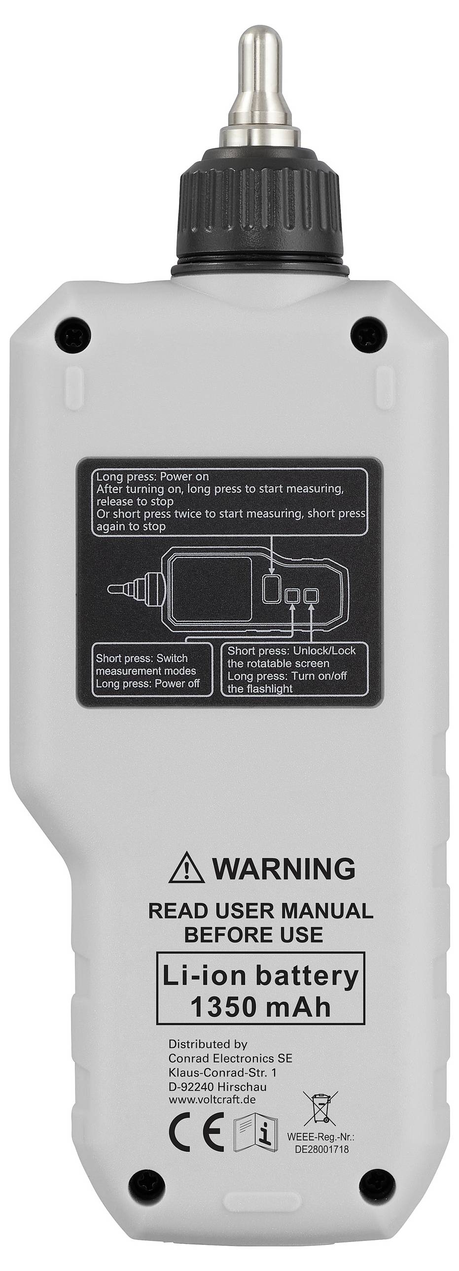 Gerät mit Düse, Warnhinweis empfiehlt Lesen der Bedienungsanleitung vor Gebrauch, betrieben mit 1350-mAh-Lithium-Ionen-Akku, weiße Gehäuse.