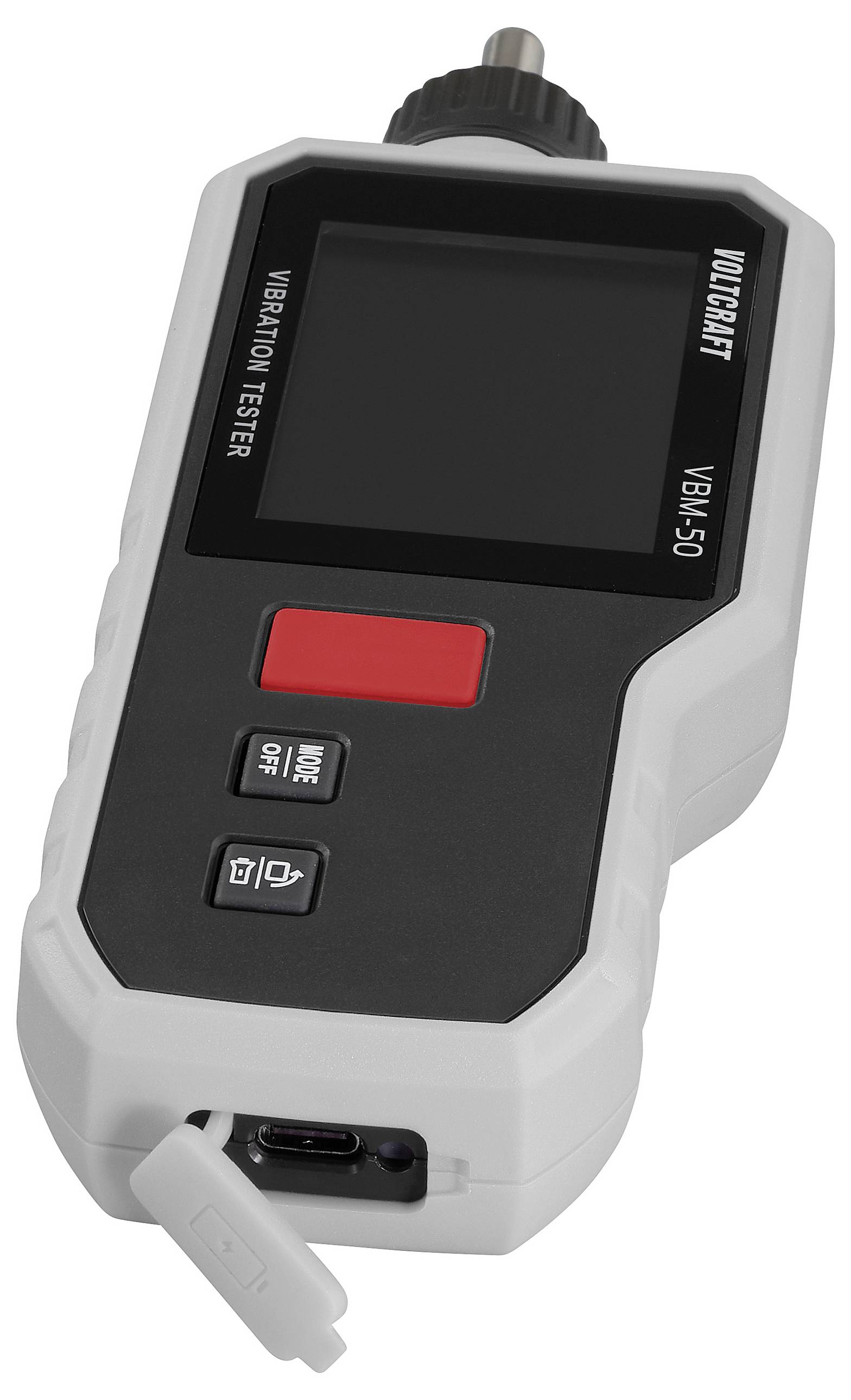 Handgehaltener Vibrationsprüfer mit großem Bildschirm, Tasten für 'Modus', 'Aus' und 'Licht' sowie einem USB-Anschluss, verwendet zur Messung von Vibrationen.