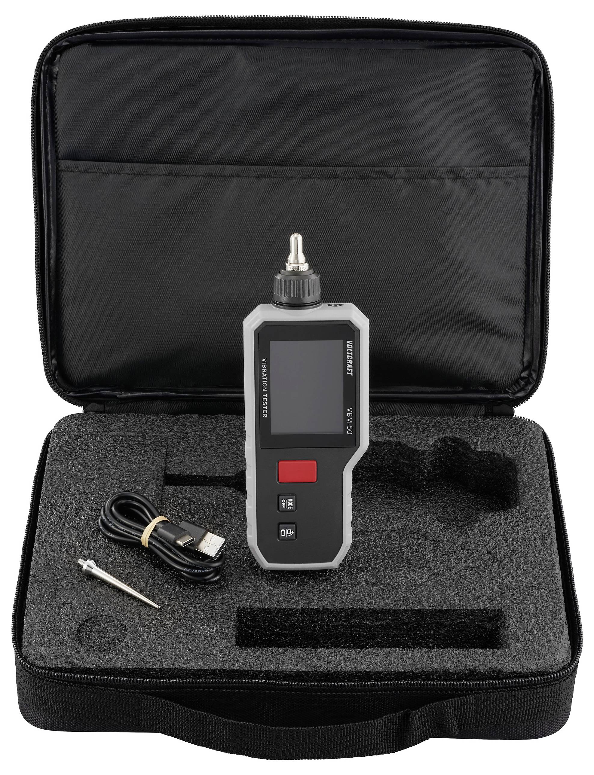 Digitaler Reifendruckmesser in einem robusten Etui mit Schaumstoffpolsterung. Inklusive abnehmbarer Düse und USB-Ladekabel.