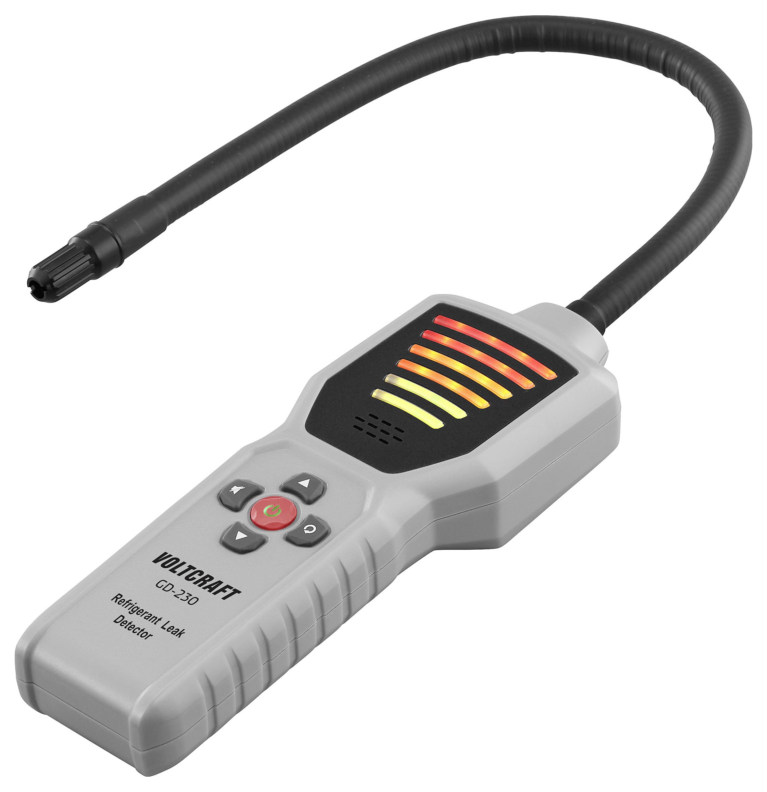 Ein tragbarer Leckagesuchgerät für Kältemittel mit einer flexiblen Sonde zeigt farbige LED-Balken, die den Grad der nachgewiesenen Gase anzeigen.