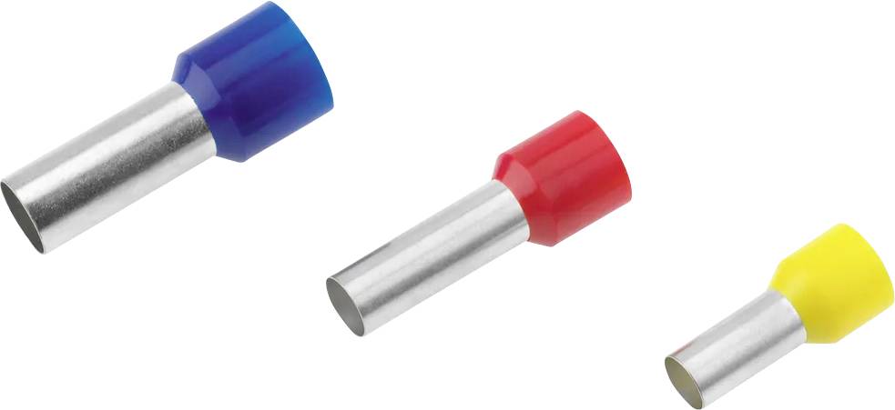 Drei isolierte Kabelschuhe in den Farben Blau, Rot und Gelb, je in unterschiedlicher Größe, liegen auf weißem Hintergrund.