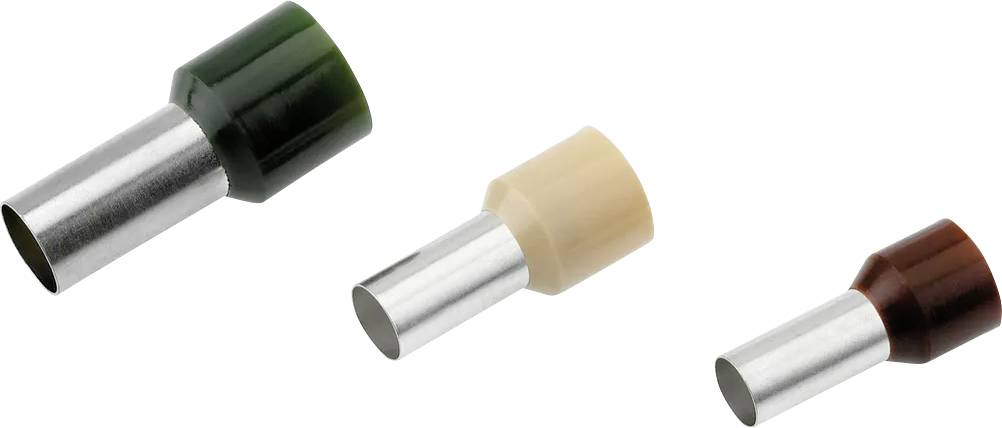 Drei Aderendhülsen in verschiedenen Farben (grün, beige, rot) und Größen sind abgebildet. Sie dienen zum Schutz von Kabelenden.