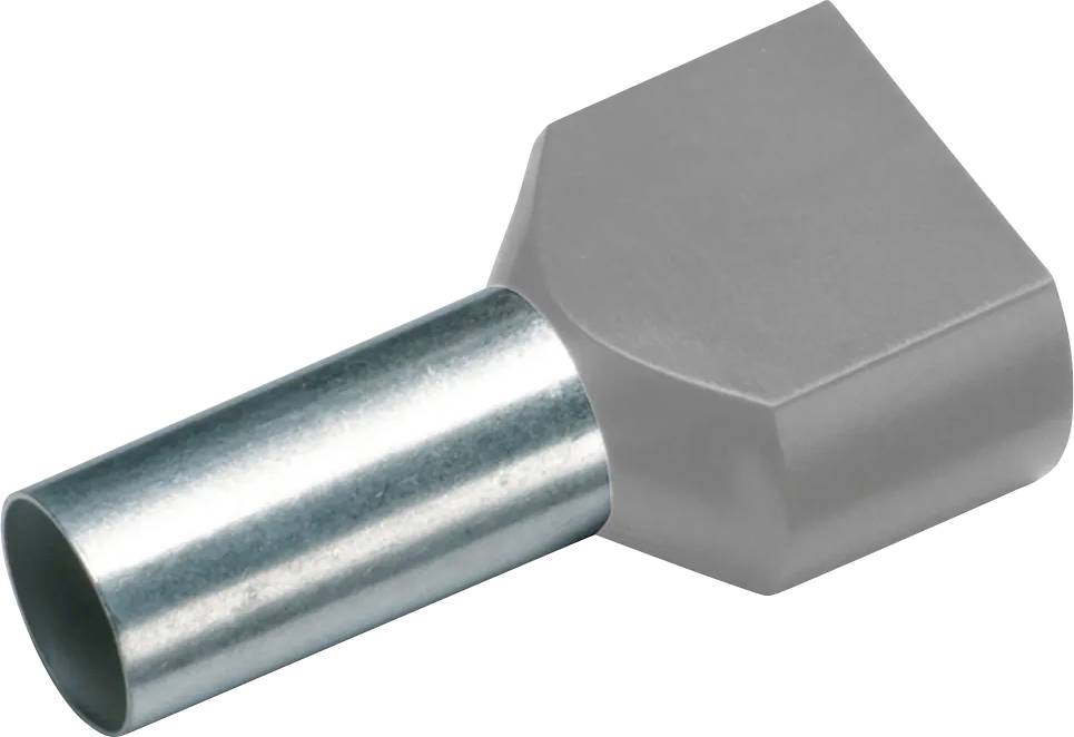 Ein silberner, abgewinkelter Verbinder aus Metall, der zum Anschluss von Kabeln an Geräte verwendet wird.