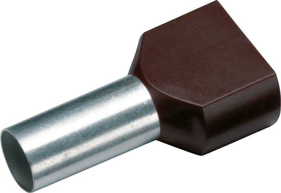 Ein Aderendhülsen-Steckverbinder mit quadratischem Kunststoffkopf und metallischer Hülse, verwendet zum Sichern von Kabelenden.
