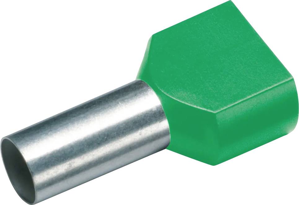 Grüne Kabelschuhhülse mit Metallzylinder, zur Isolation und Verbindung von elektrischen Leitungen.