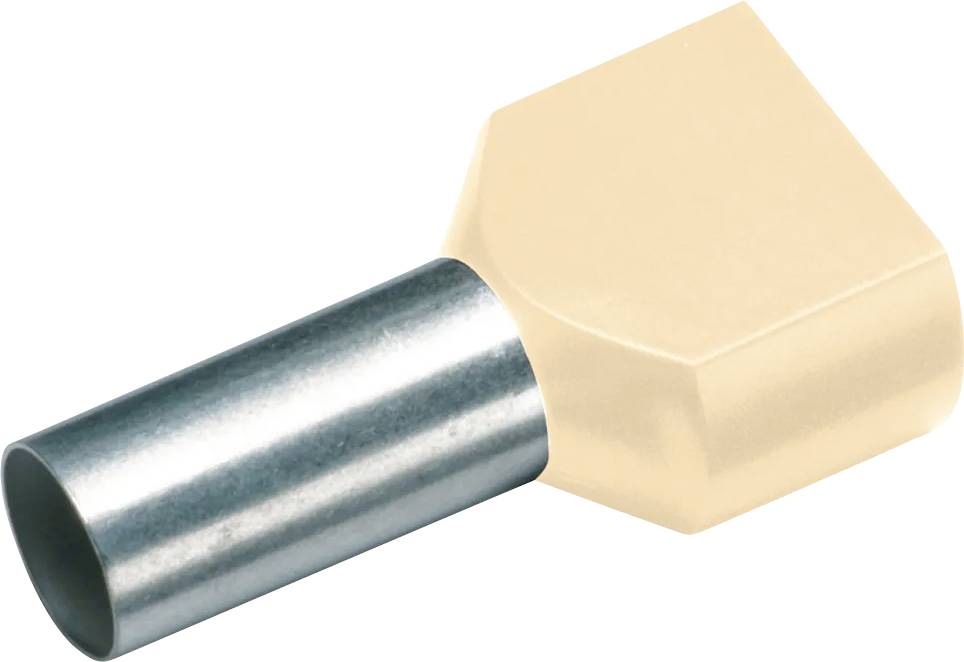 Eine isolierte Aderendhülse mit einem metallischen Rohrteil und einem beige farbenen Kunststoffkörper, verwendet zur Kabelverbindung.