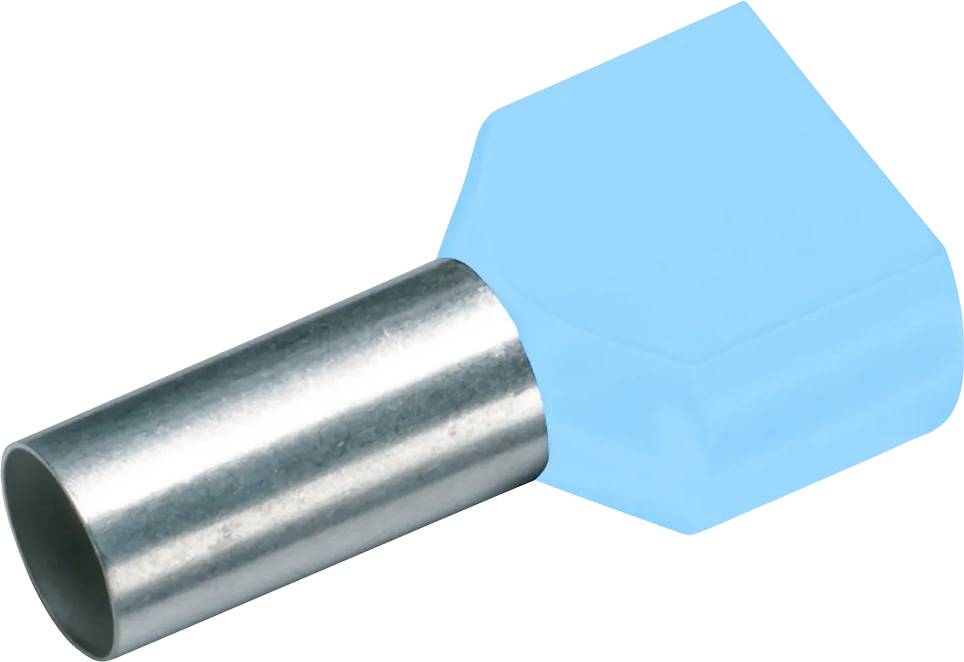 Eine blaue Aderendhülse mit einem metallischen, zylindrischen Teil, zum Crimpen von Drähten in elektrischen Anschlüssen.