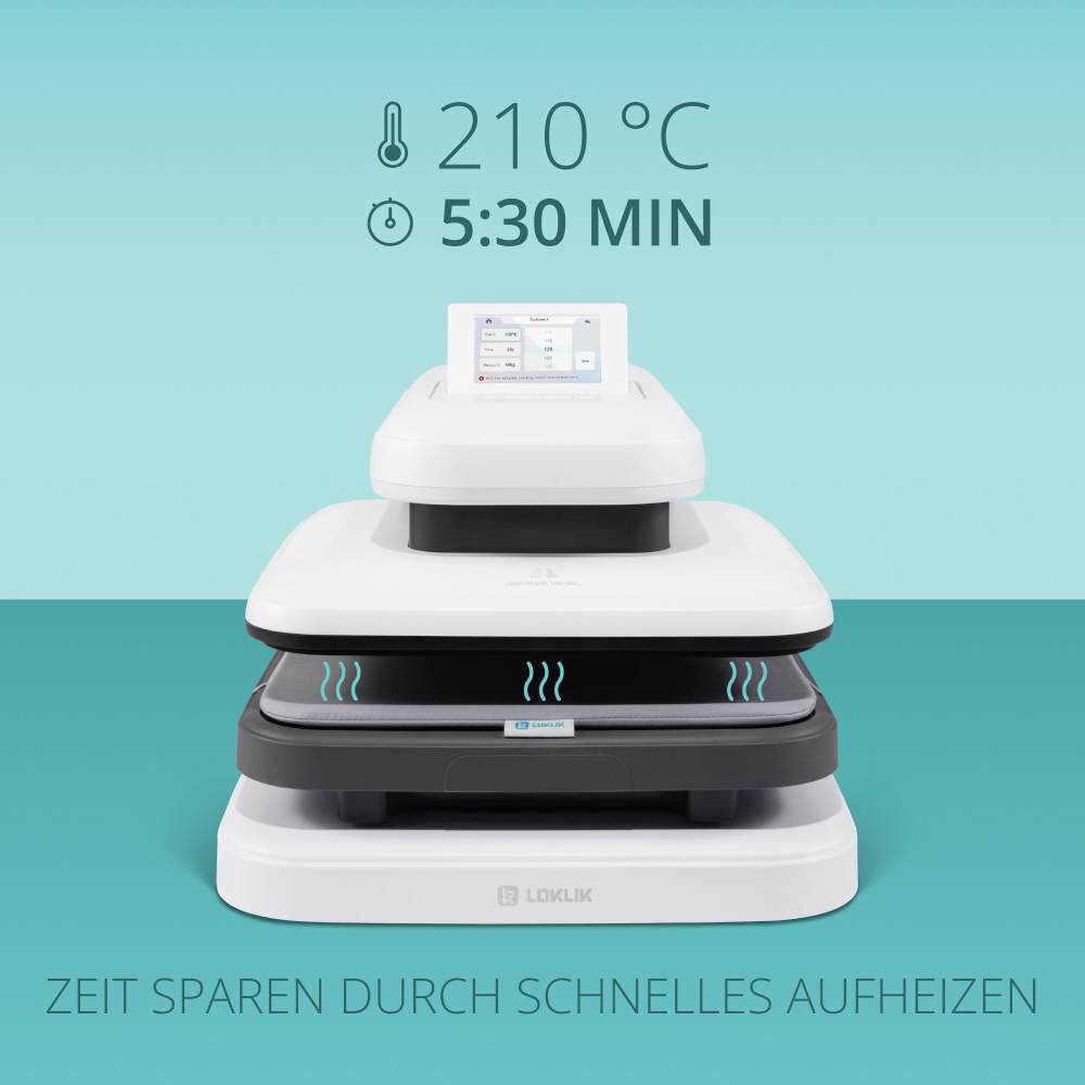 Ein weißes Küchengerät zeigt eine Temperatur von 210°C und eine Zeit von 5:30 Minuten an. Text unten: 'Zeit sparen durch schnelles Aufheizen'.