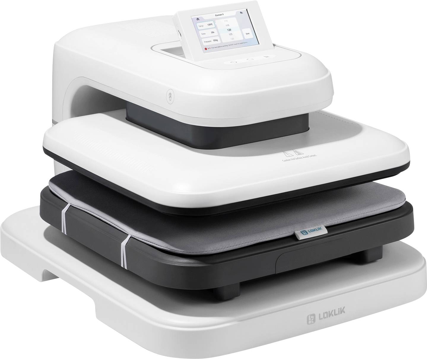Flache weiße Heizpresse mit digitalem Bildschirm. Genutzt zum Bedrucken von Textilien durch erhitztes Pressen.