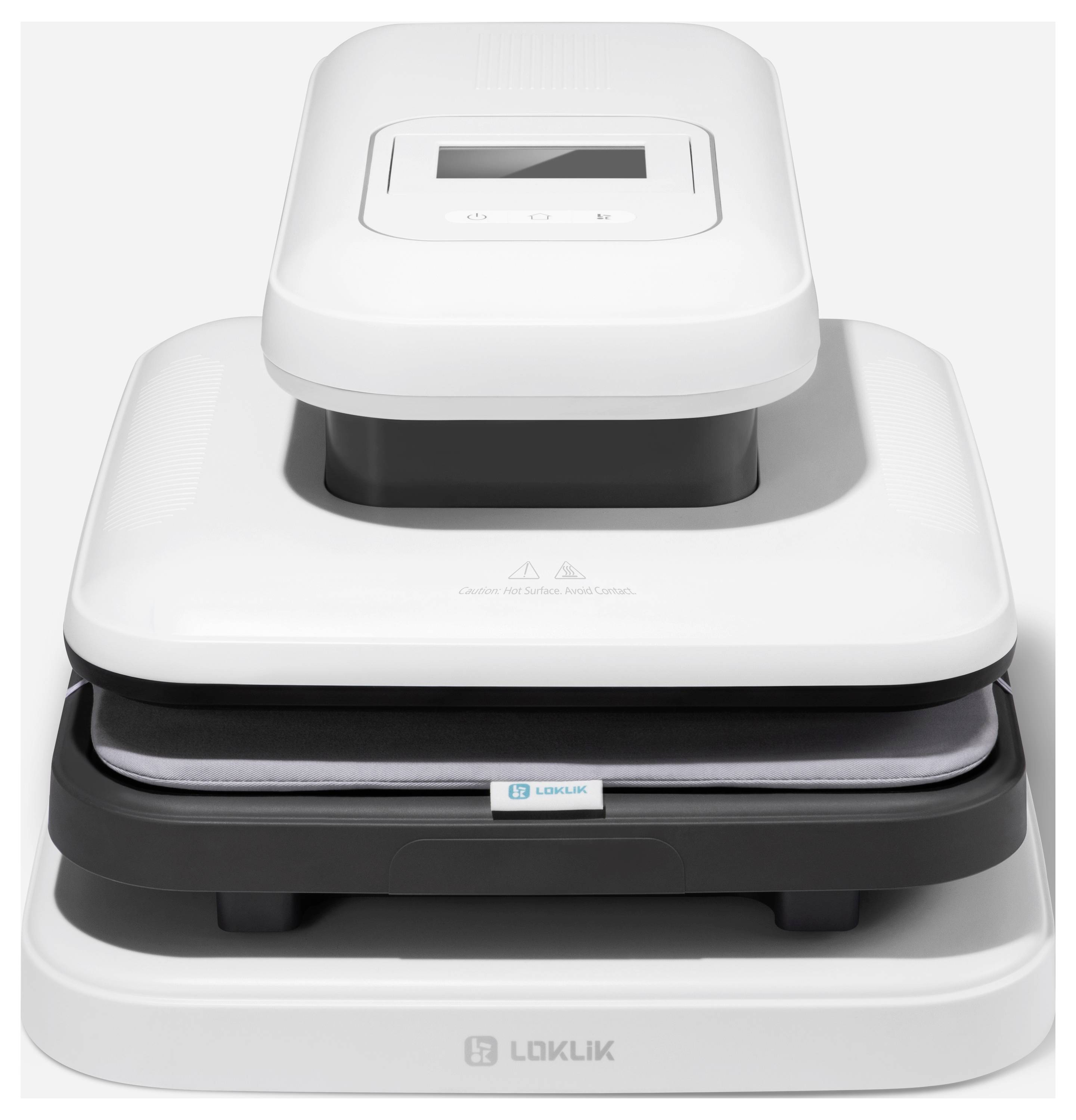 Ein weißen und schwarzen, elektronischen Wärmepresse mit digitalem Display, verwendet zum Übertragen von Designs auf Textilien.