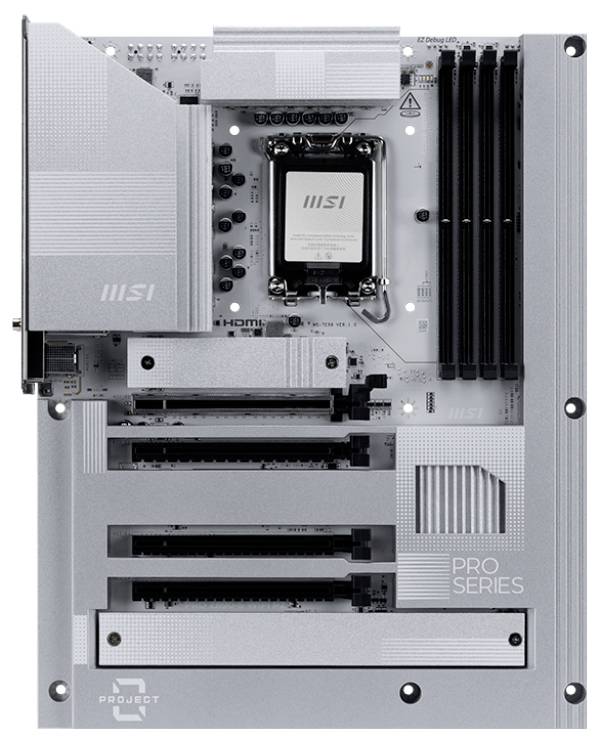Ein silbernes Computer-Motherboard der 'Pro Series' von MSI. Es zeigt mehrere Steckplätze für RAM, PCIe und Anschlüsse.
