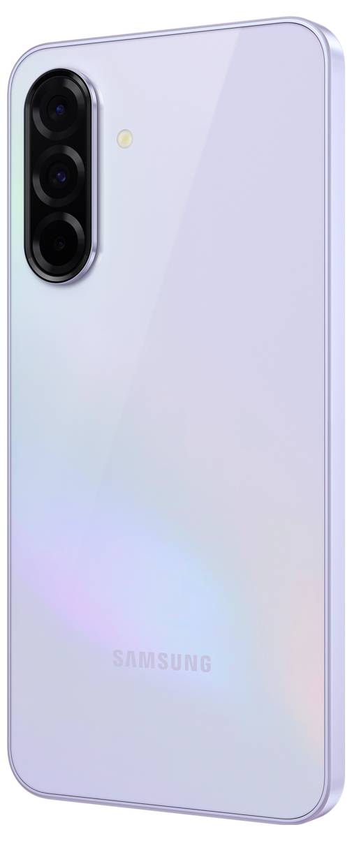 Ein Smartphone mit drei vertikal angeordneten Kameralinsen auf der Rückseite, glänzendem lila Gehäuse und dem Markennamen 'Samsung'.