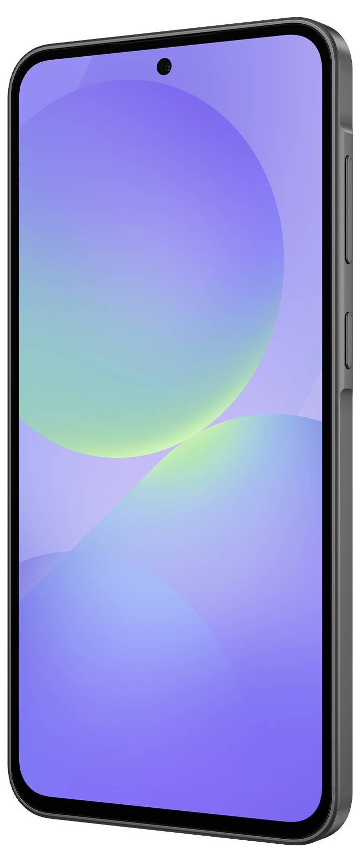 Smartphone mit großem, randlosem Display, schwarzem Rahmen und einfacher Frontkamera in Bildschirmmitte. Seitenansicht mit zwei Tasten.