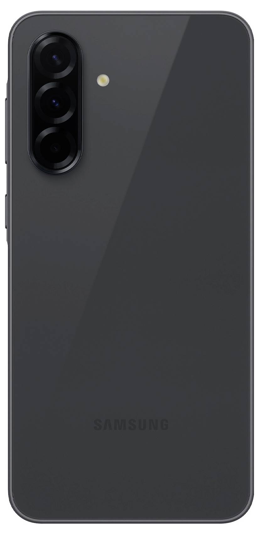 Ein schwarzes Smartphone mit drei Kameralinsen auf der Rückseite und einem LED-Blitz daneben.