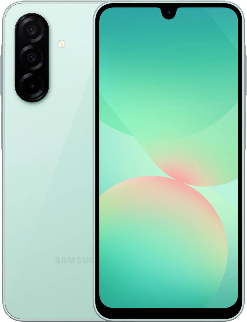 Ein Smartphone mit drei Kameras auf der Rückseite und einem großen Display. Das Gerät hat eine mintgrüne Farbe.