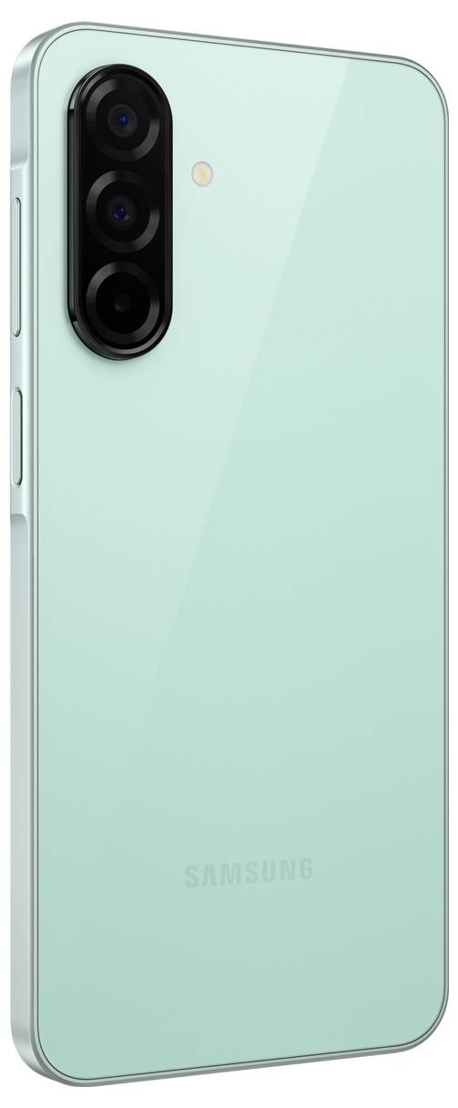 Ein Smartphone in mintgrünem Design mit drei Kameralinsen auf der Rückseite, markiert mit einem bekannten Elektronikmarkenlogo.