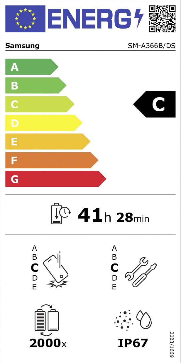 'Energo' Kennzeichnung für Samsung SM-A366B/DS mit Energieeffizienzklasse C, Gesprächszeit 41h 28min, 2000 Batteriezyklen, IP67 Wasser-/Staubschutz.