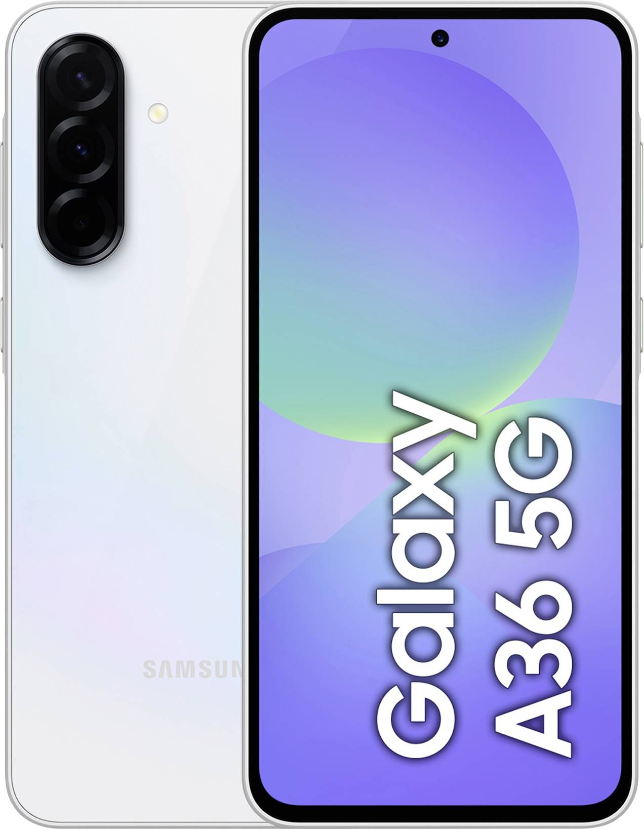 Ein Smartphone Samsung Galaxy A36 5G, Vorder- und Rückseite sichtbar. Auf dem Display steht 'Galaxy A36 5G'.