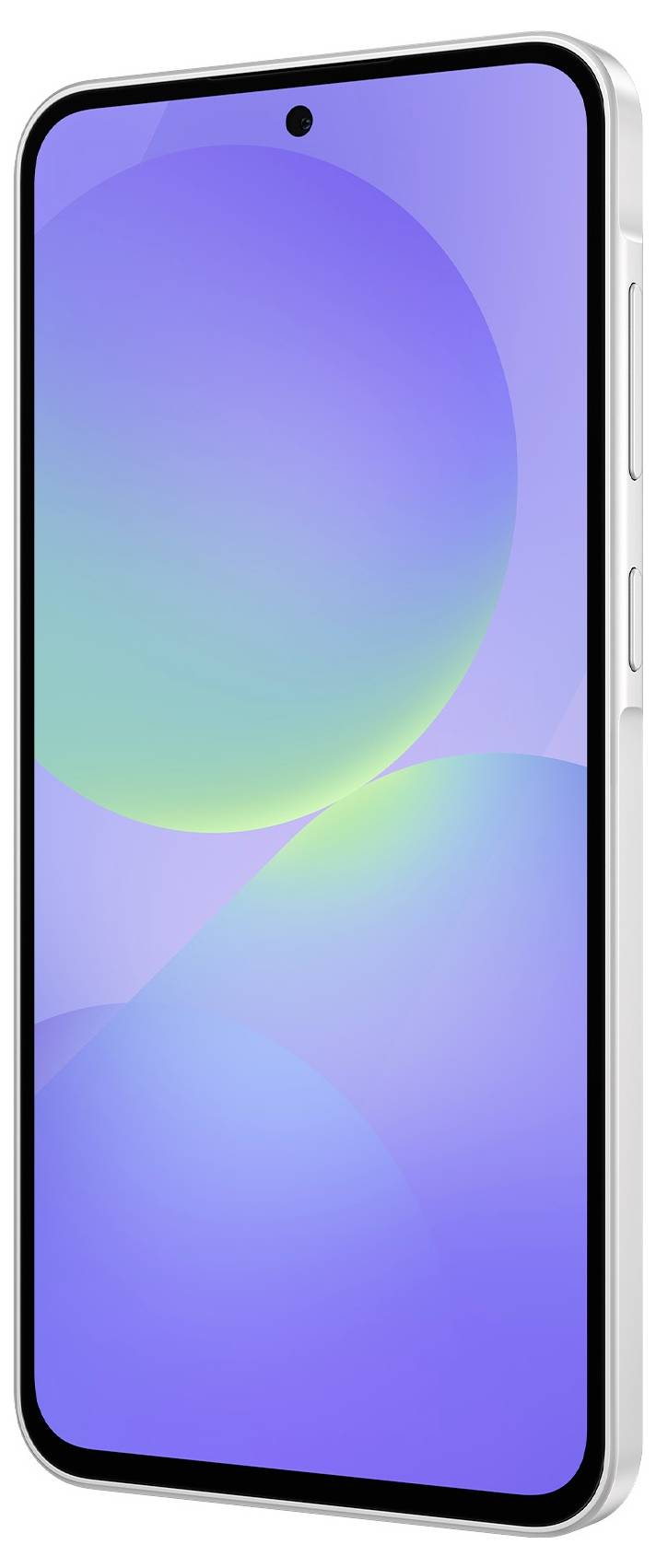 Ein modernes Smartphone mit silbernem Rahmen und großem Display. Es hat dünne Kanten und eine zentrale Frontkamera.