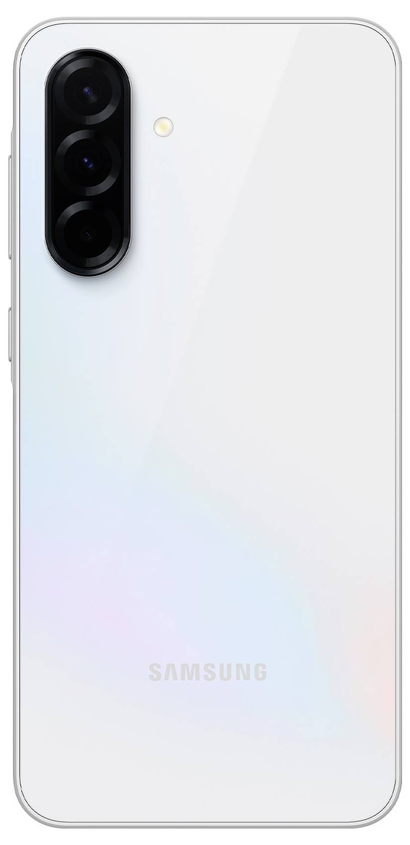 Ein weißes Smartphone von hinten mit drei Kameralinsen und einem LED-Blitz in der oberen linken Ecke. Logo 'Samsung' am unteren Rand.
