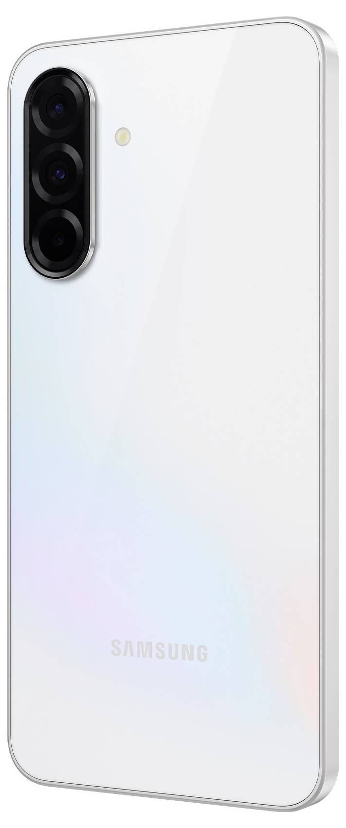 Ein weißes Smartphone von Samsung mit drei Kameraobjektiven auf der Rückseite; rechteckiges Design, schlichtes Aussehen.