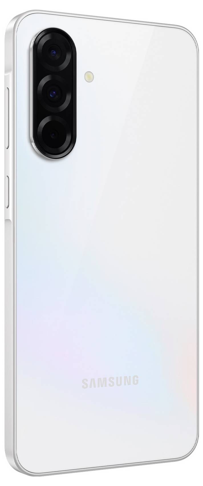 Ein weißes Smartphone von hinten, zeigt drei Kameralinsen und das Samsung-Logo.