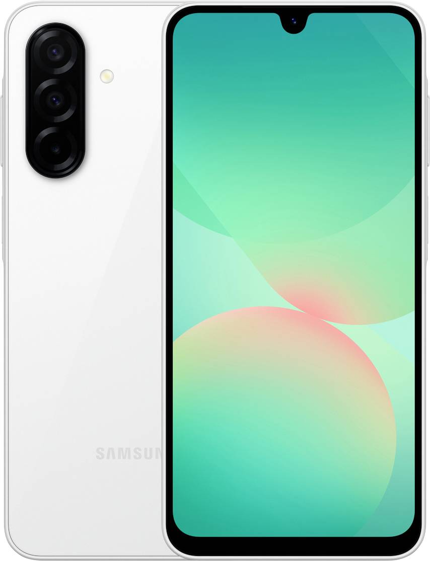 Ein weißes Smartphone von Samsung mit drei vertikalen Kameras auf der Rückseite und einem großen Display mit tropfenförmiger Notch.