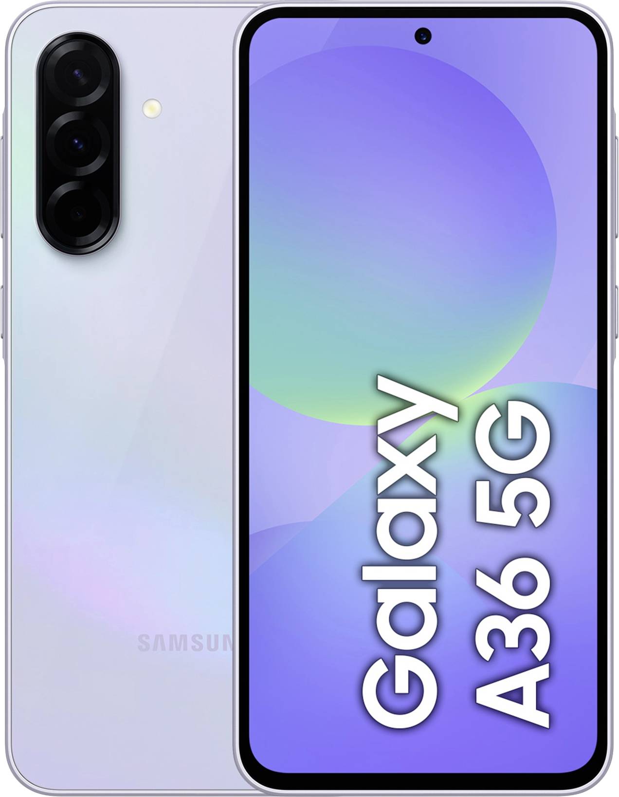 Ein Smartphone mit drei Kameras auf der Rückseite und einem Bildschirm mit der Aufschrift 'Galaxy A36 5G'.