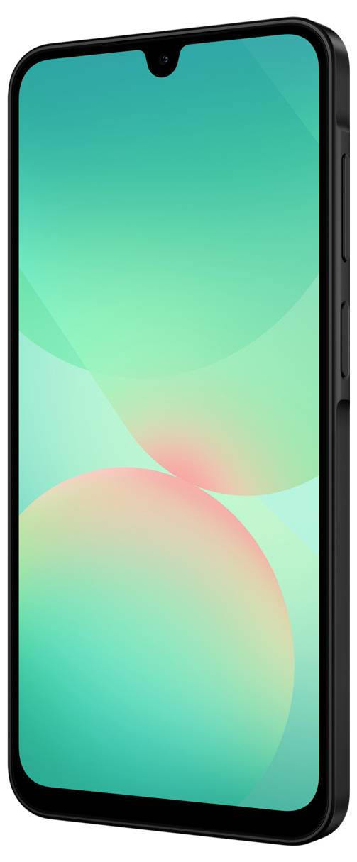 Ein schwarzes Smartphone mit einem großen Display und minimalistischer Vorderseite, auf der ein blau-grünes abstraktes Hintergrundbild angezeigt wird.