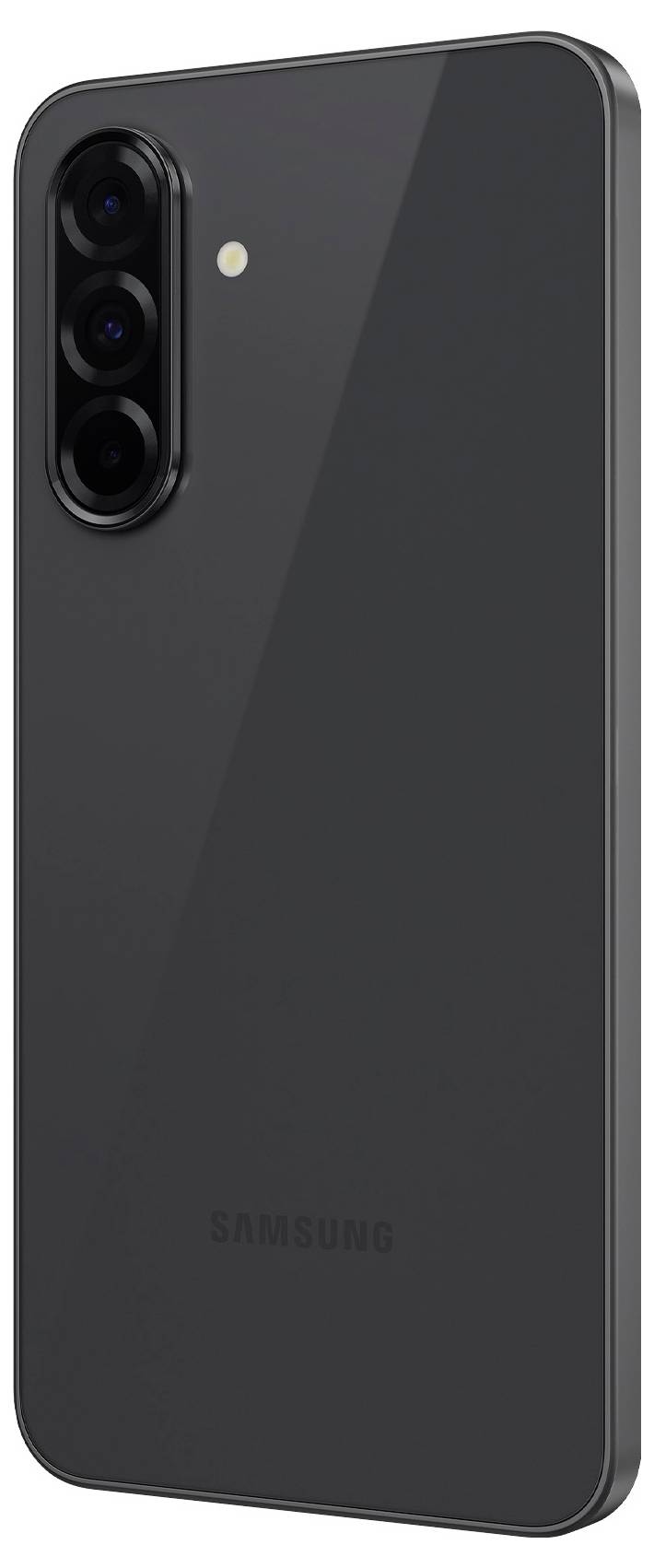 Ein schwarzes Smartphone mit drei Kameralinsen und einem Blitz, angezeigt von der Rückseite.