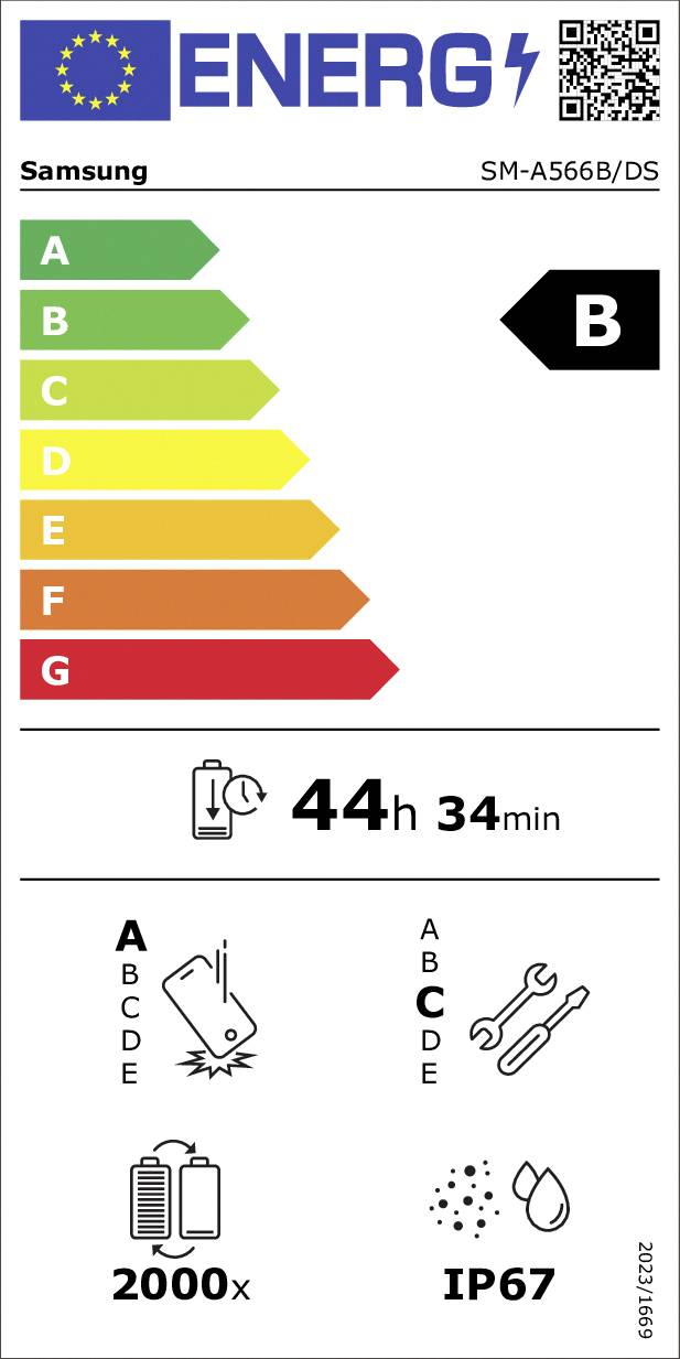 Energielabel für ein Samsung-Produkt. Effizienzklasse B. Merkmale: 44h 34min Batterielaufzeit, 2000x Bildkapazität, IP67 wasser- und staubdicht.