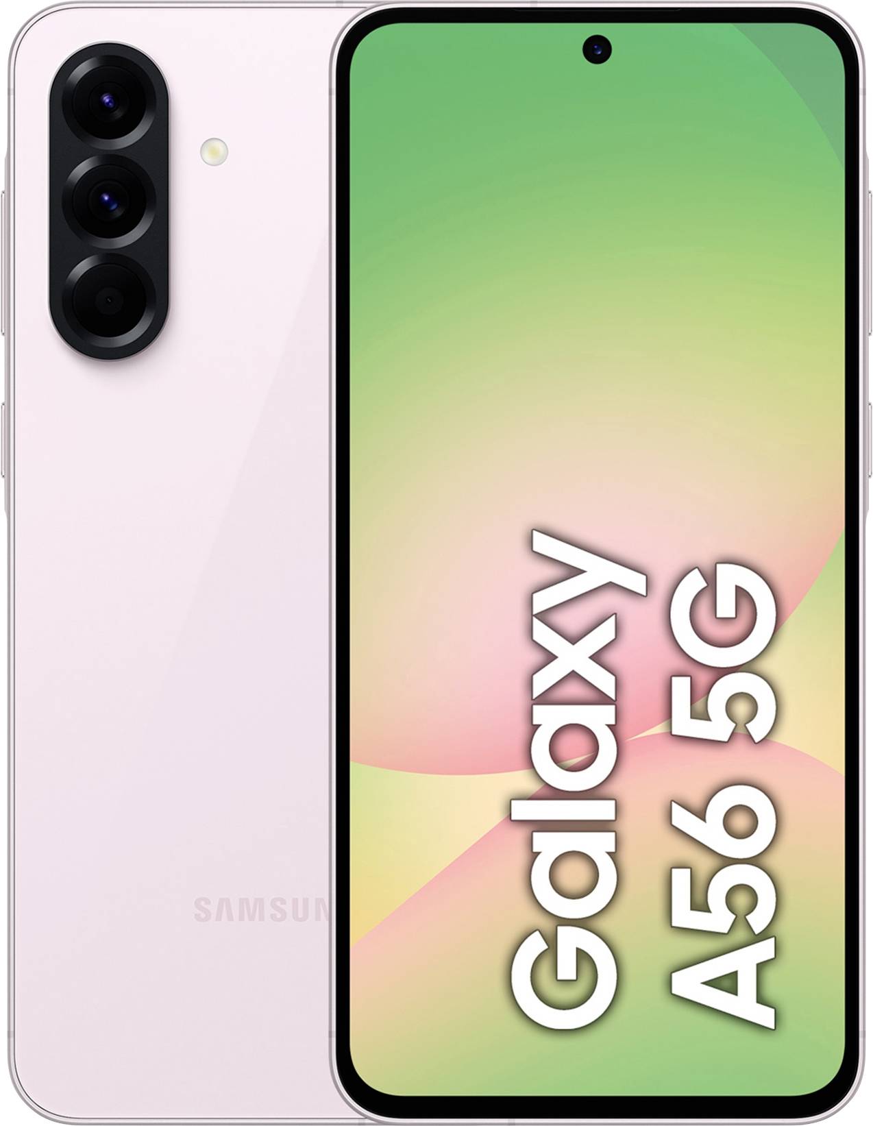 Ein Samsung-Smartphone, Modell Galaxy A56 5G, in Rosa, zeigt sein Display mit der Aufschrift 'Galaxy A56 5G'. Rückseite mit drei Kameras.