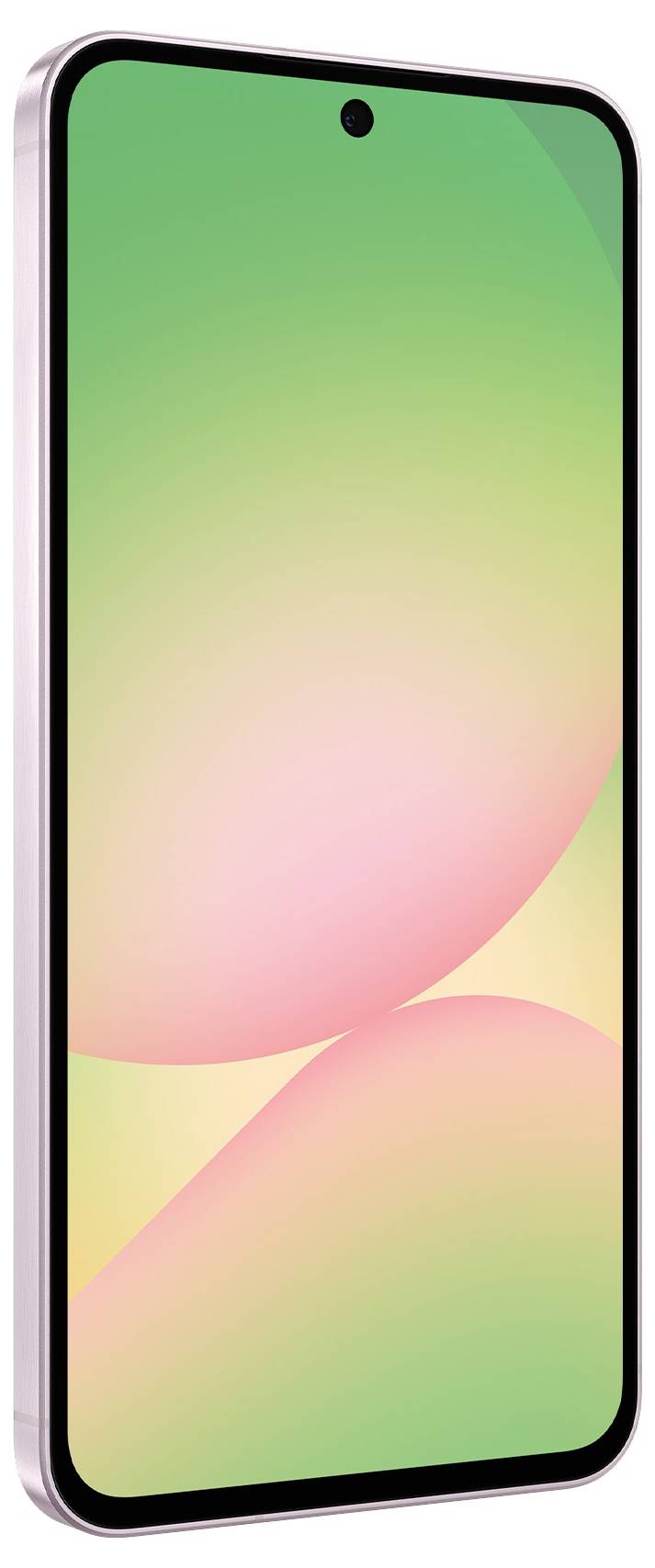 Ein Smartphone mit einem farbenfrohen, abstufenden Bildschirm in Grün und Rosa wird vertikal angezeigt.