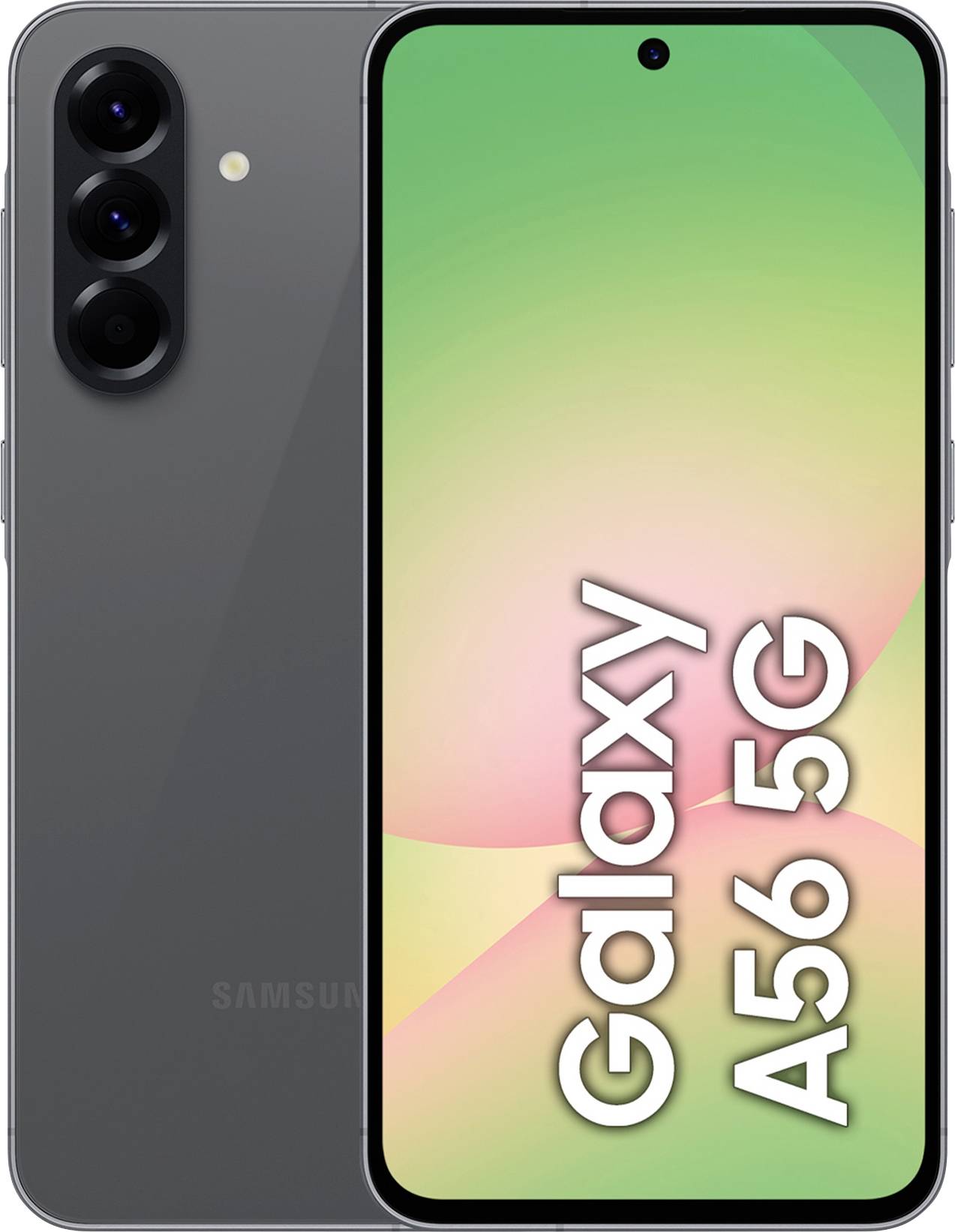 Samsung Galaxy A56 5G Smartphone in Grau, Vorder- und Rückseite gezeigt. Vorderseite mit Bildschirm und Modellname 'Galaxy A56 5G'.