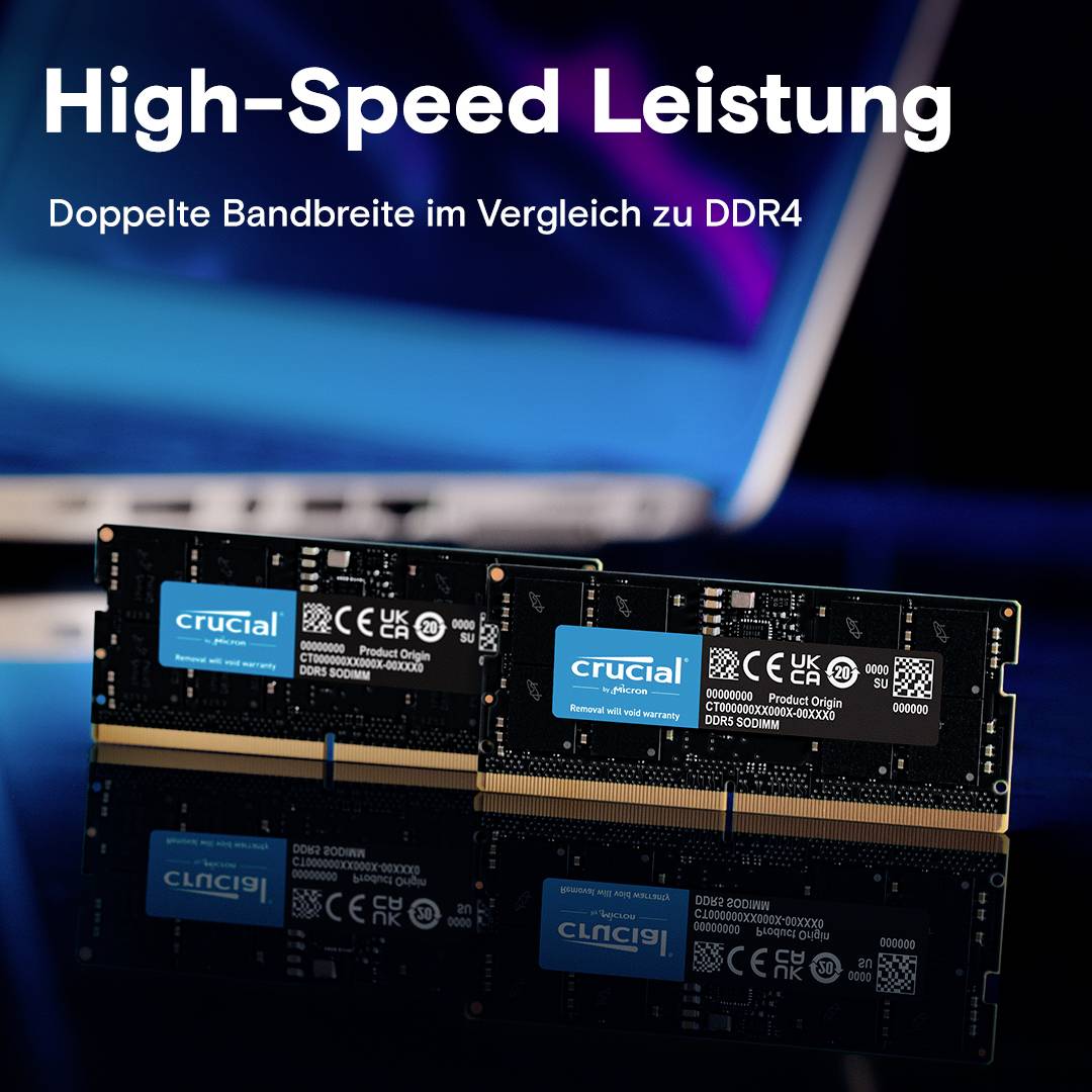 Crucial CT2K64G56C46S5 PC-Arbeitsspeicher Kit DDR5 128GB 2 x 64GB on-die ECC 2800MHz 262pin SO-DIMM CL46 46-45-45 CT2K64G56C46S5