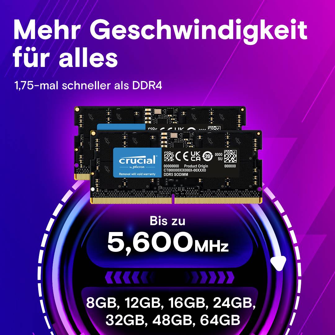 Crucial CT2K64G56C46S5 PC-Arbeitsspeicher Kit DDR5 128GB 2 x 64GB on-die ECC 2800MHz 262pin SO-DIMM CL46 46-45-45 CT2K64G56C46S5