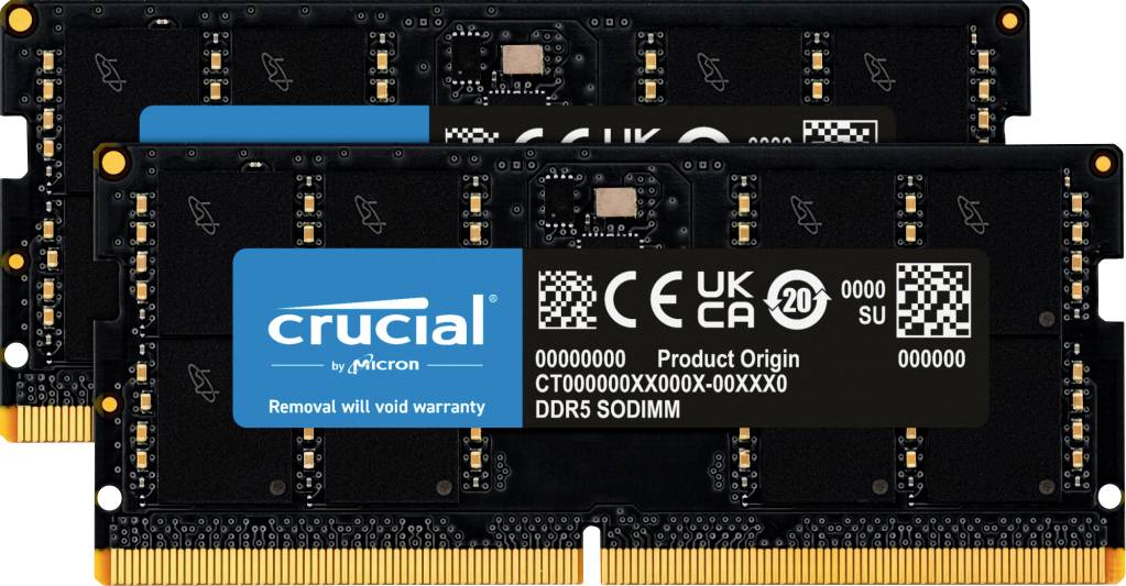 Crucial CT2K64G56C46S5 PC-Arbeitsspeicher Kit DDR5 128GB 2 x 64GB on-die ECC 2800MHz 262pin SO-DIMM CL46 46-45-45 CT2K64G56C46S5