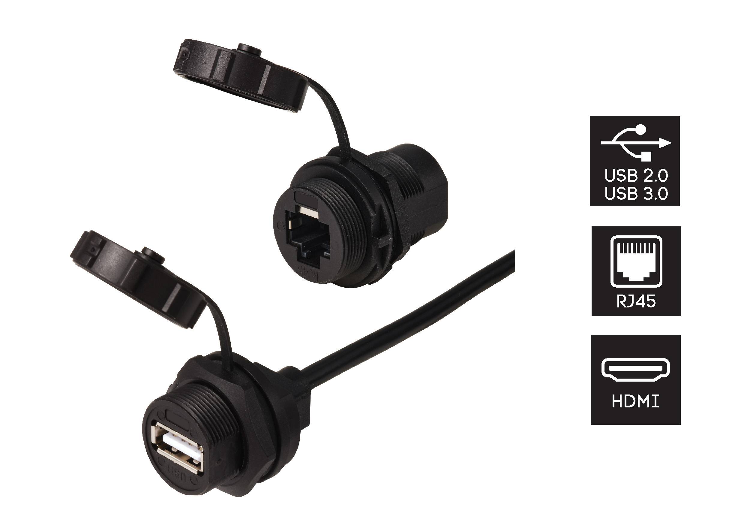 Zwei Anschlüsse mit Abdeckungen: oben RJ45 für Netzwerk, unten USB 2.0/3.0 für Datenübertragung; nebenstehend Symbole für HDMI-Anschluss.