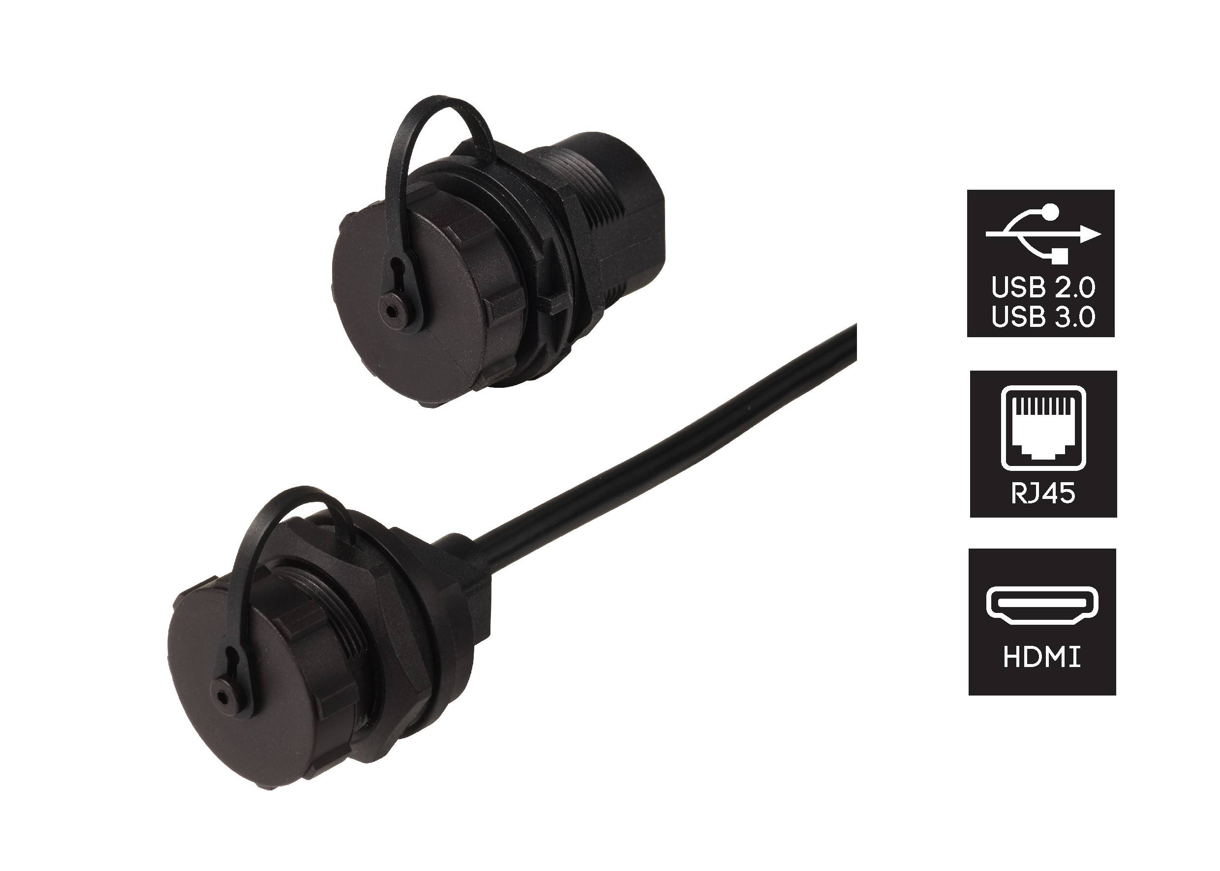 Zwei schwarze, runde Steckverbinder neben Symbolen für 'USB 2.0 und USB 3.0', 'RJ45' und 'HDMI', die Anschlussoptionen darstellen.