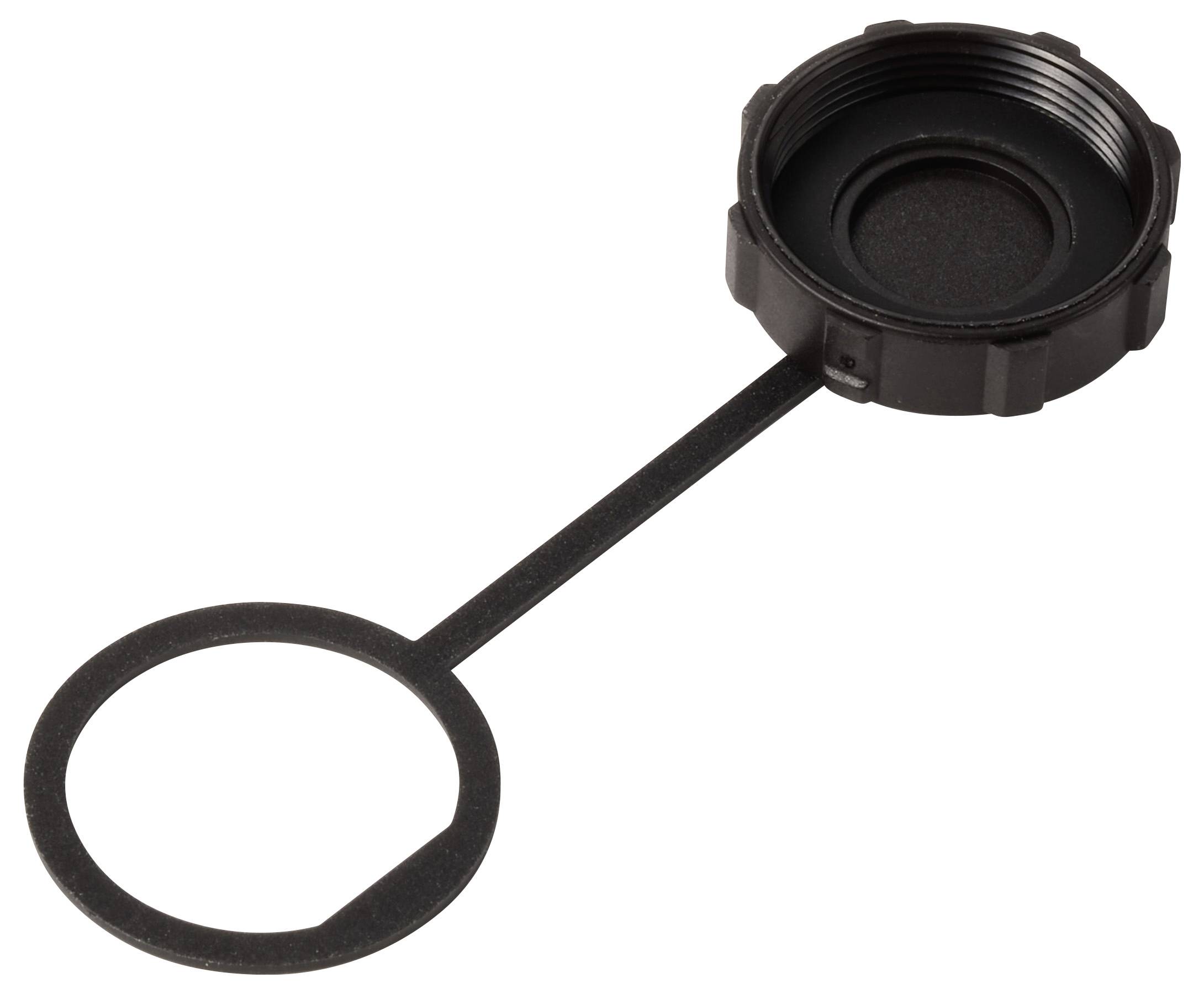 Schwarze Verschlusskappe mit einem integrierten Ring, vermutlich für Behälter, um Verschütten zu verhindern oder den Inhalt zu schützen.