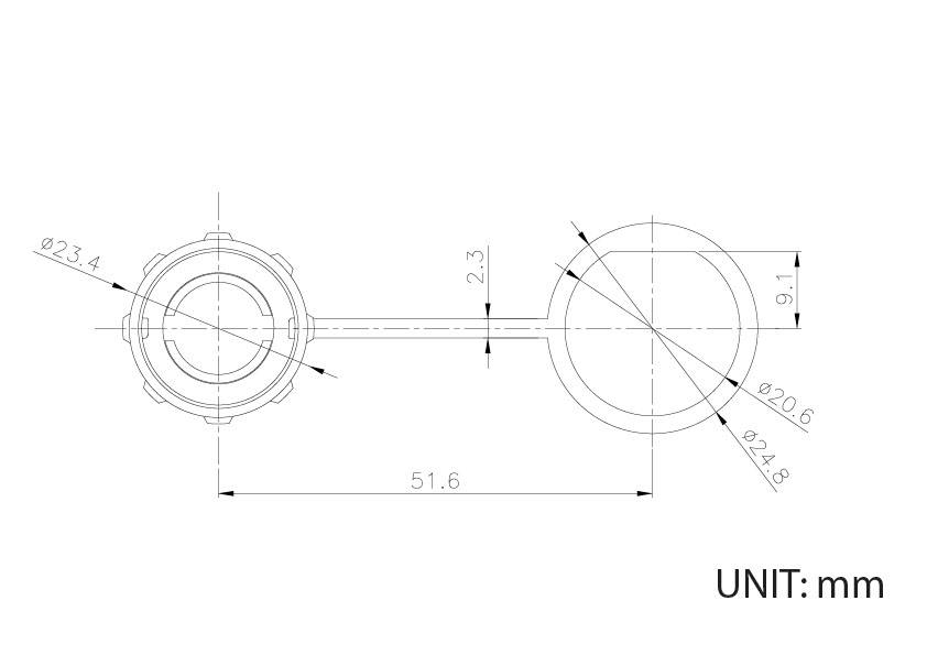 Technische Zeichnung von zwei verbundenen Kreisen mit Maßangaben in Millimetern: 23,4, 24,8, 20,6 und Gesamtbreite 51,6.