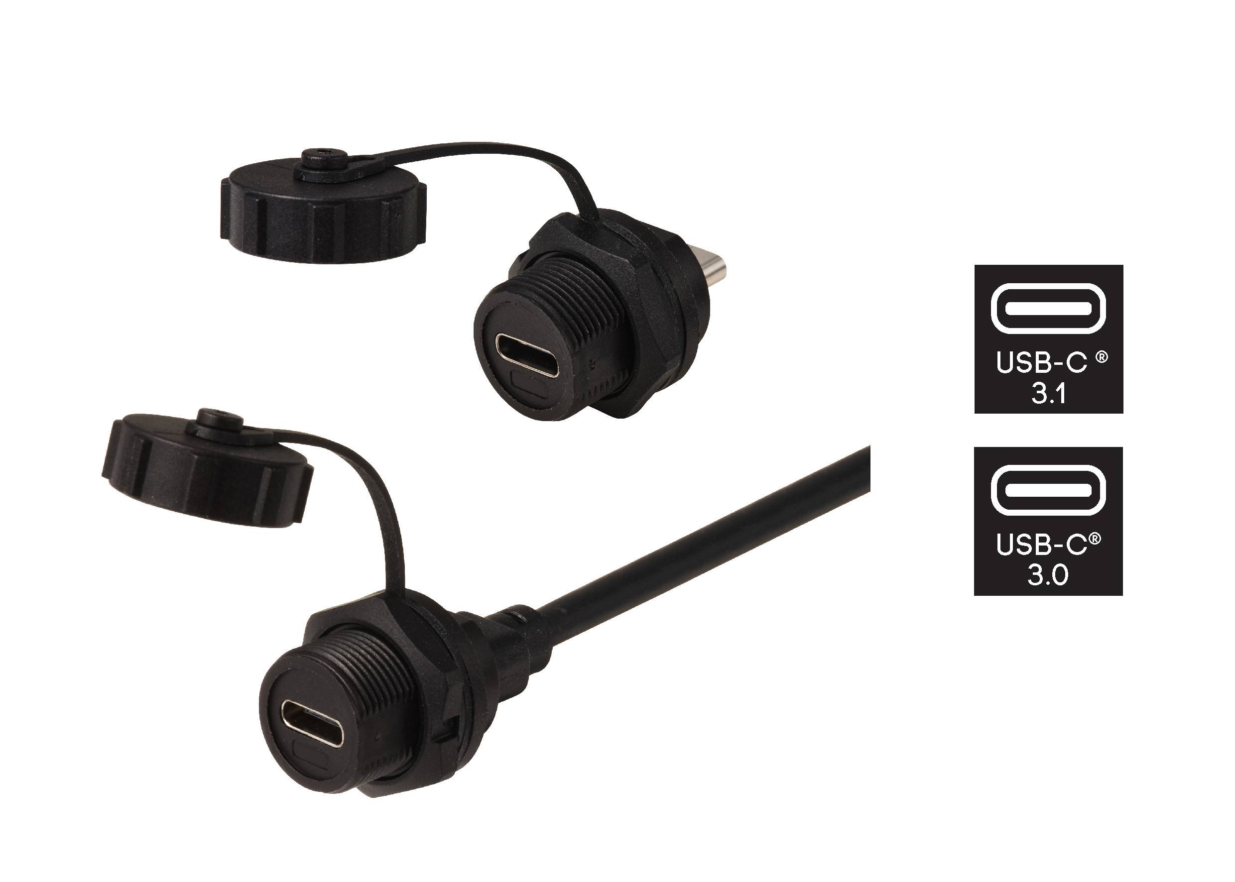 Zwei USB-C Steckverbinder mit Abdeckungen. Die Steckverbinder sind für USB 3.1 und USB 3.0 geeignet, wie durch Symbole angezeigt.