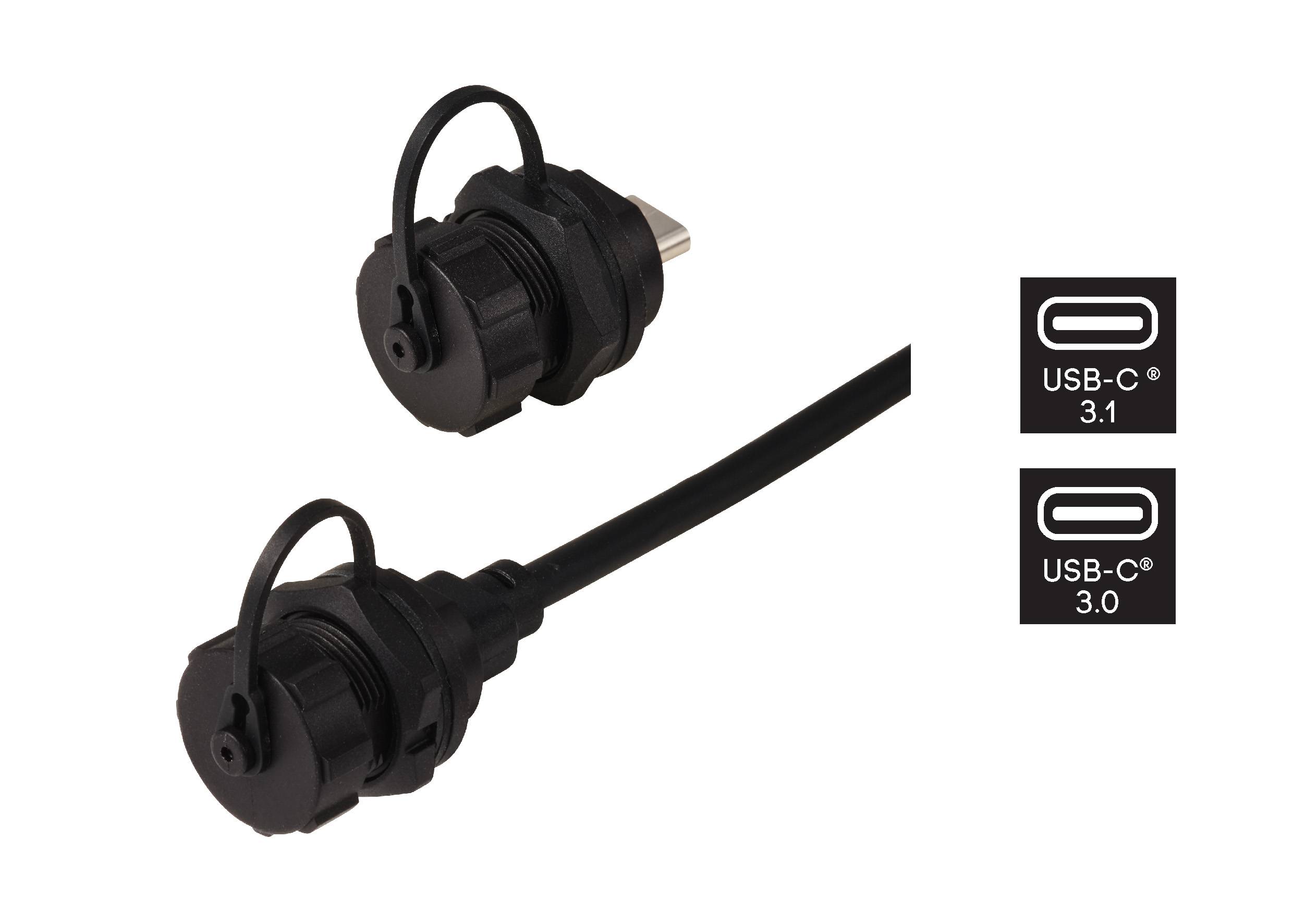 Zwei USB-C-Stecker in Schutzgehäusen. Oben ein einzelner Stecker, unten mit Kabel verbunden. Rechts Symbole für USB-C 3.1 und 3.0.