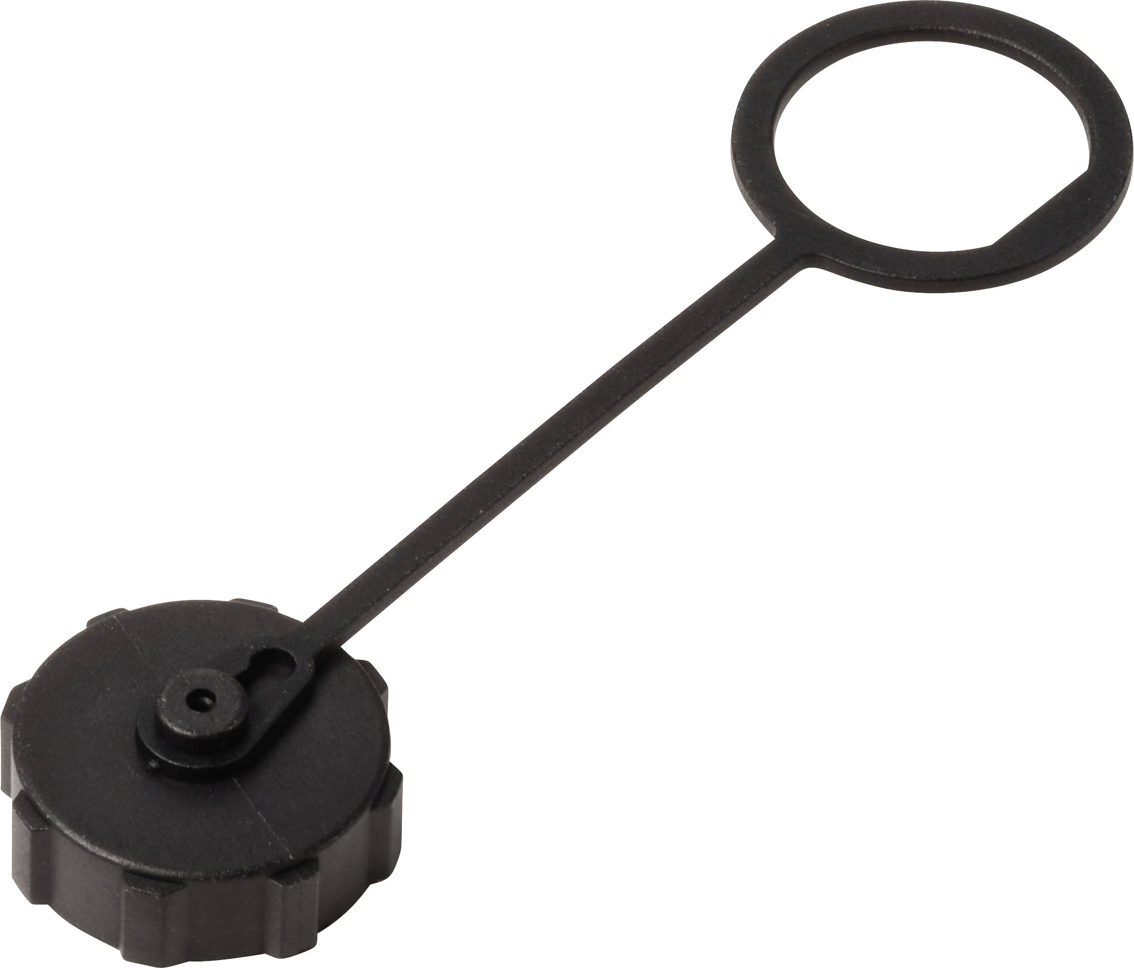 Ein schwarzer, runder Kunststoffdeckel mit einem daran befestigten, flexiblen Ring für eine sichere Befestigung an einem Behälter.