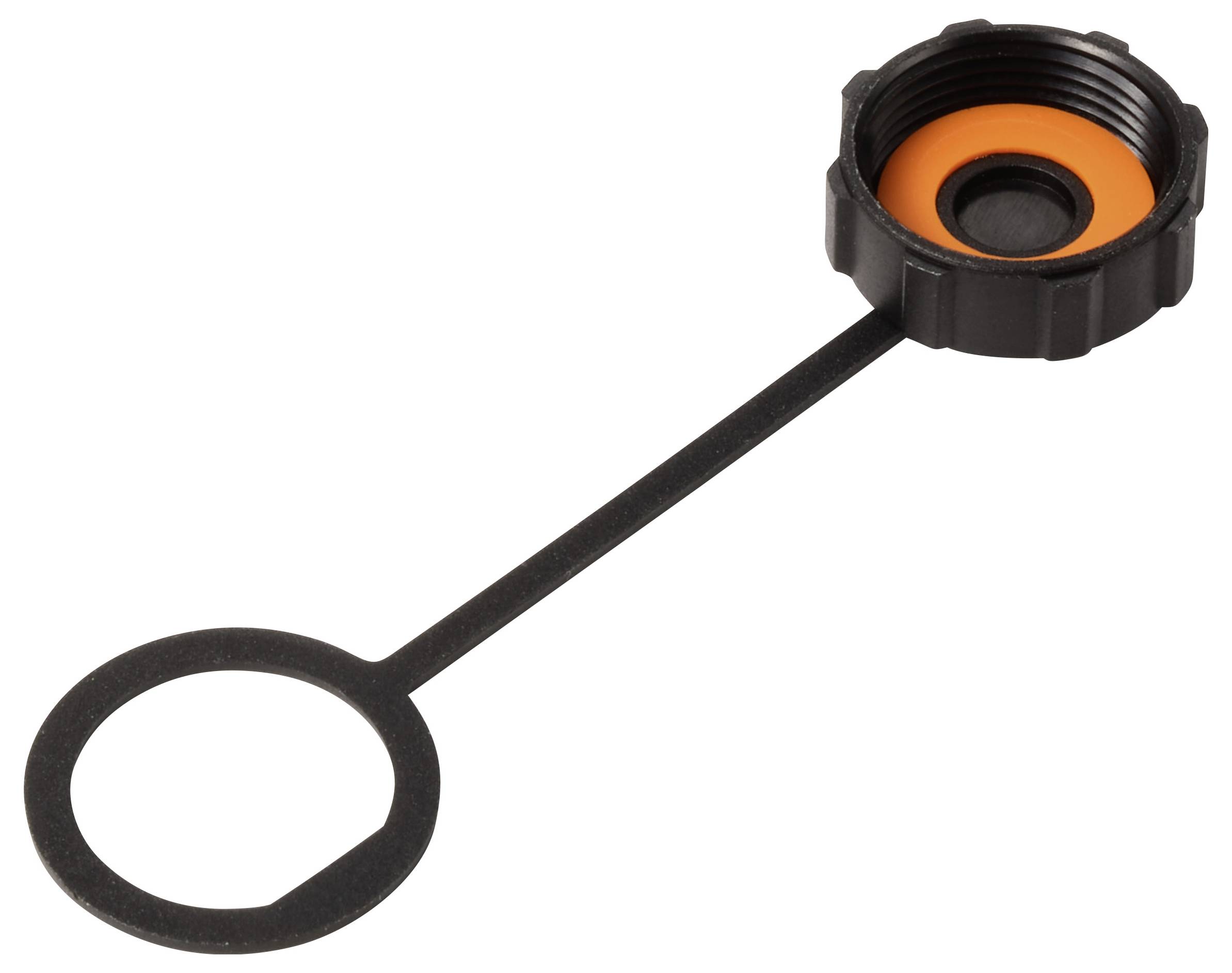 Schwarzer Kunststoffdeckel mit orangener Dichtung und integriertem Halterungsband.