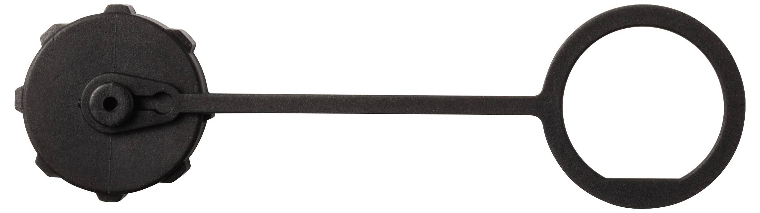 Ein schwarzer runder Kunststoffdeckel mit einem ringförmigen Griff ist abgebildet, vermutlich ein Verschluss für ein Ventil oder Rohr.